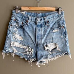 Levi's 501 High-Rise Light Blue Denim Distressed Shorts size 27